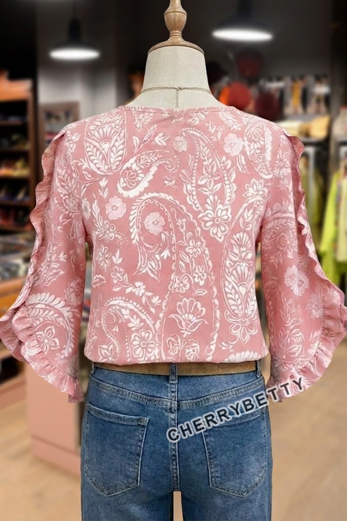 Vintage Paisley Print Ruffle Trim Three Quater Sleeves Blouse