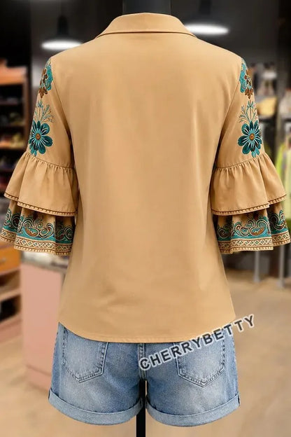 Retro Floral Print Collared Ruffle Sleeve Top
