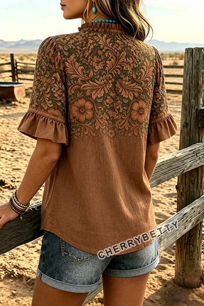 Vintage Floral Print V-Neck Ruffle Sleeve Blouse