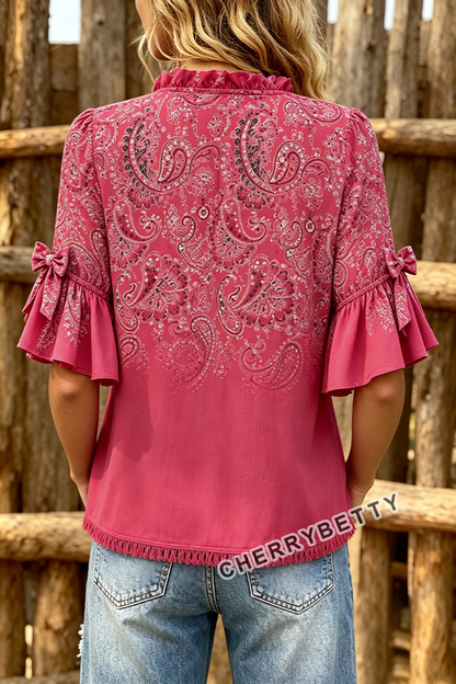 Gradient Paisley Print Bow Decor Half Sleeve Blouse
