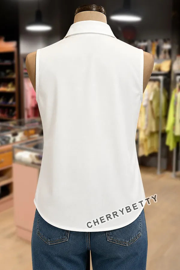 Feminine Flower Embroidered Collared Sleeveless Tank Top
