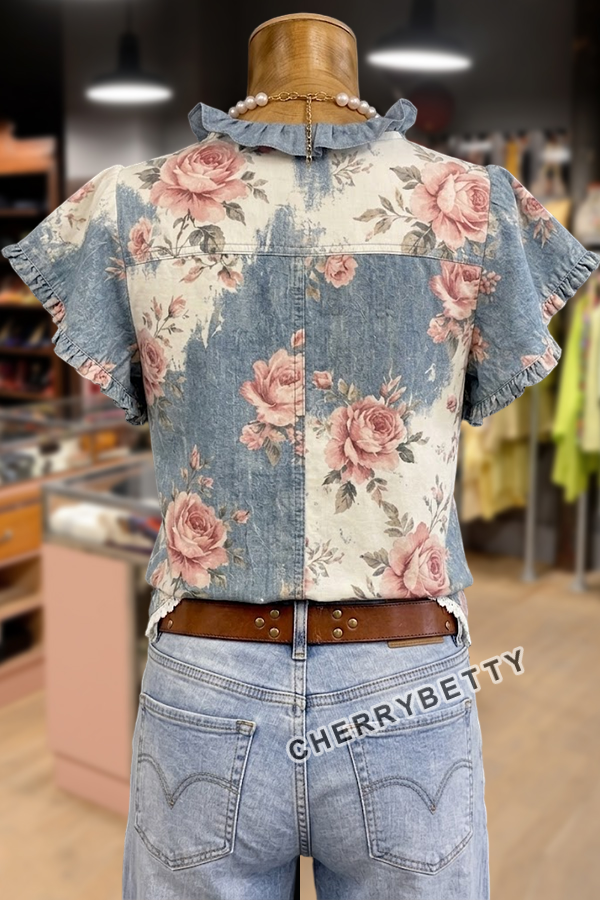 Vintage Rose Print Ruffle Neck Frayed Hem Top