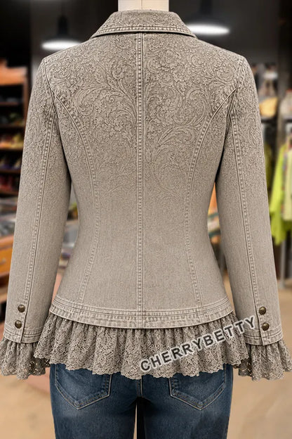 Retro Floral Print Lace Patch Jacket