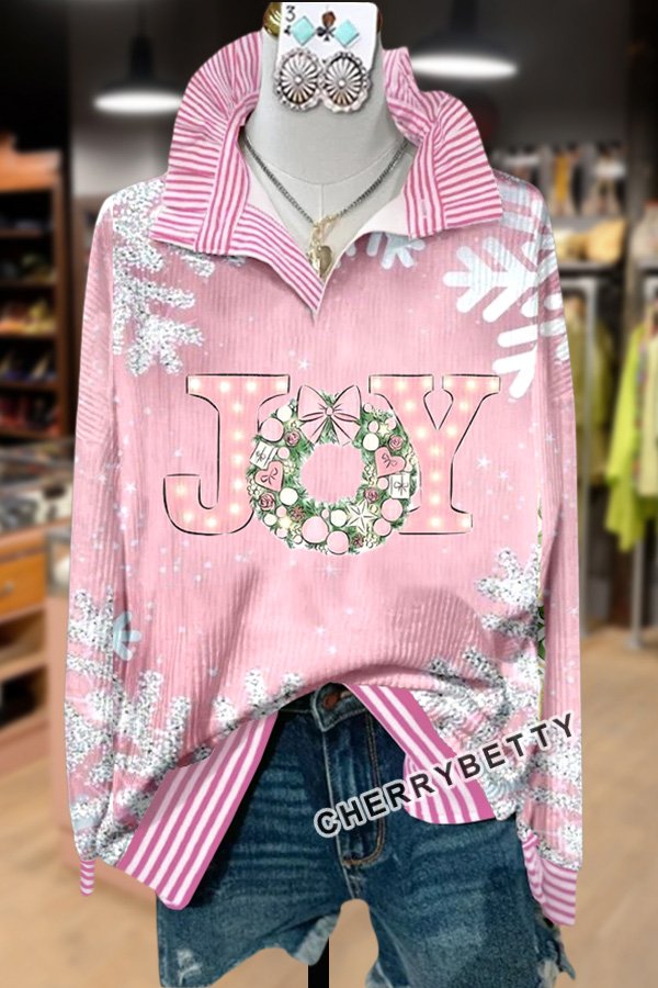 Christmas Joy Print Striped Collar Corduroy Top