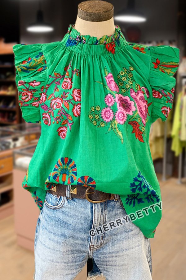 All Over Floral Print Ruffle Sleeve Top