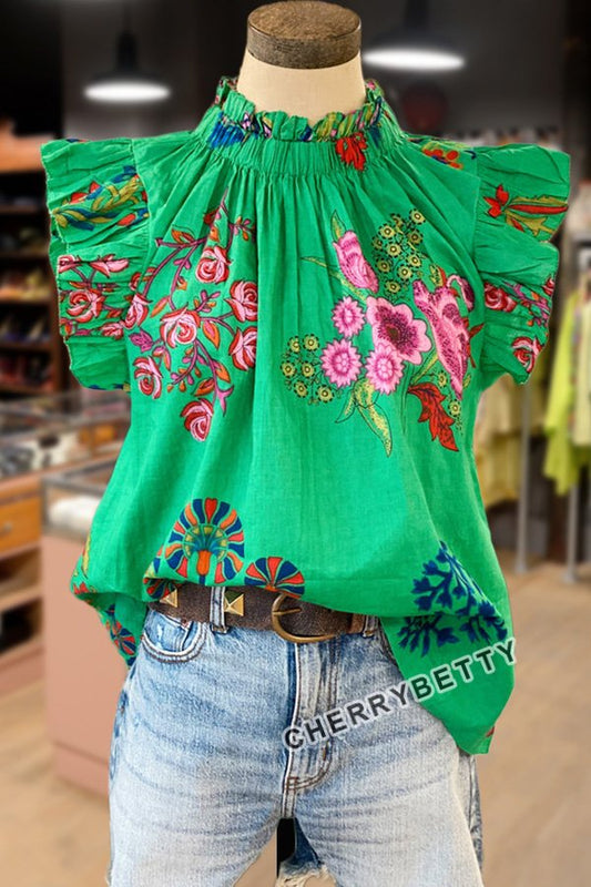 All Over Floral Print Ruffle Sleeve Top