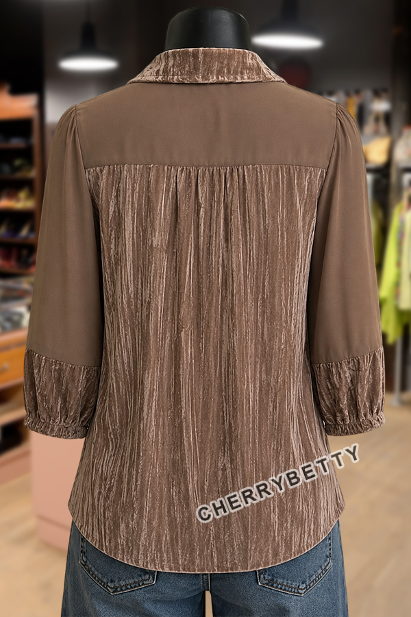 Solid Collared Lace Patchwork Three Quarter Sleeve Velvet Blouse