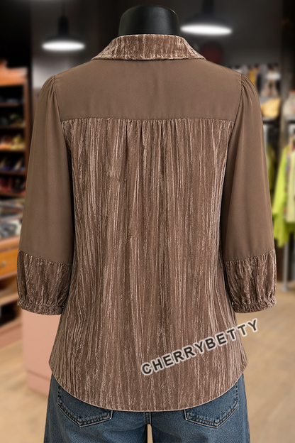 Solid Collared Lace Patchwork Three Quarter Sleeve Velvet Blouse