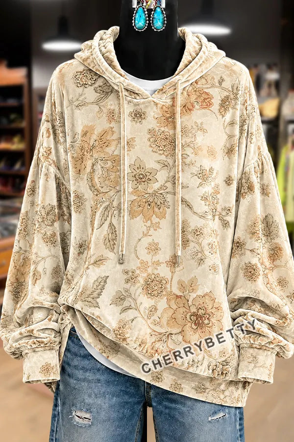 Retro Floral Print Long Sleeve Velvet Hoodie Top