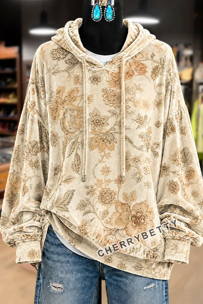 Retro Floral Print Long Sleeve Velvet Hoodie Top