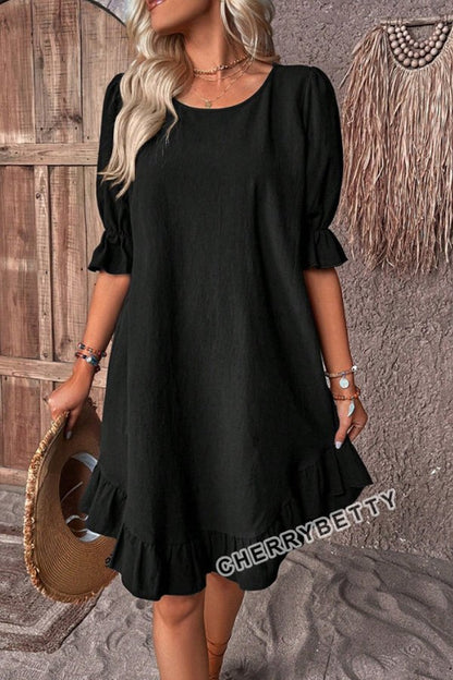 Solid Round Neck Ruffle Hem Linen Dress