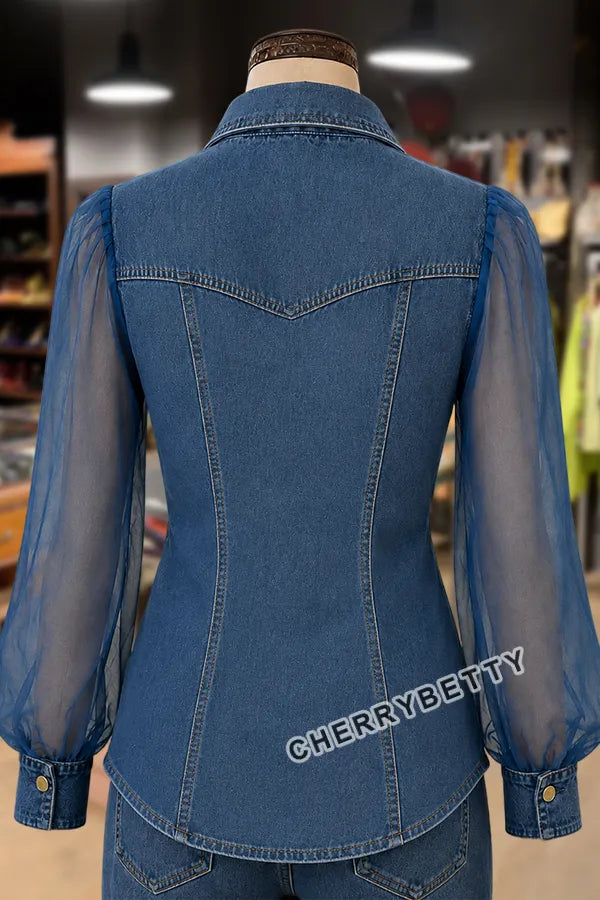 Western Chic Sheer Long Sleeve Button Up Denim Blouse