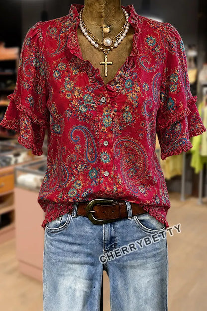 Vintage Paisley Print Ruffle Neck Frayed Hem Top