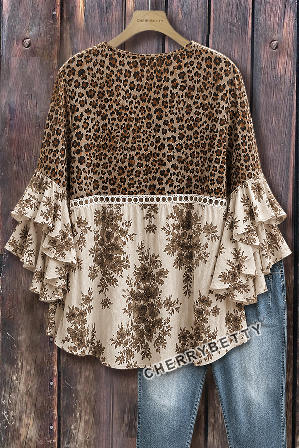 Vintage Leopard Floral Print Ruffle Sleeve Hollow Out Top