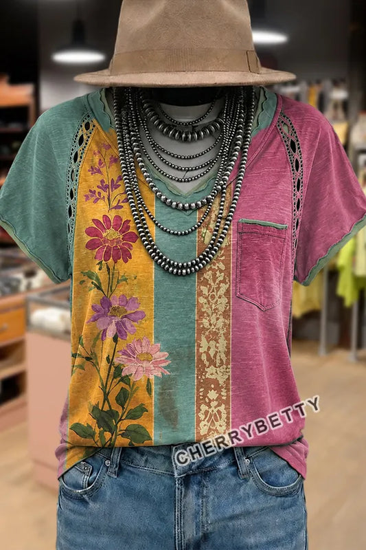 Retro Floral Print V-Neck Lace Sleeve Hollow Out T-Shirt