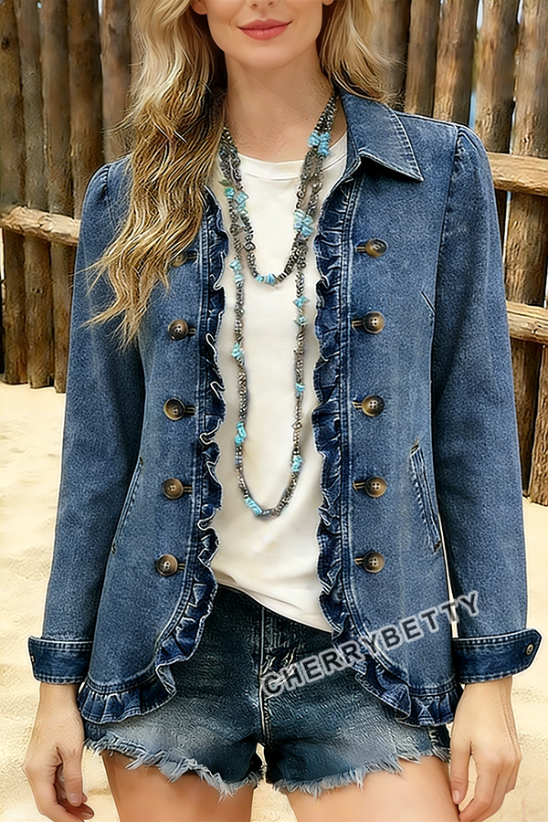 Solid Ruffle Trim Collared Denim Jacket