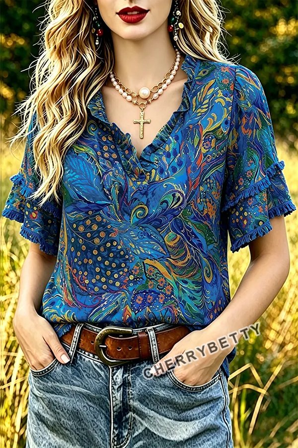 Vintage Paisley Print Collared Puff Sleeve Blouse