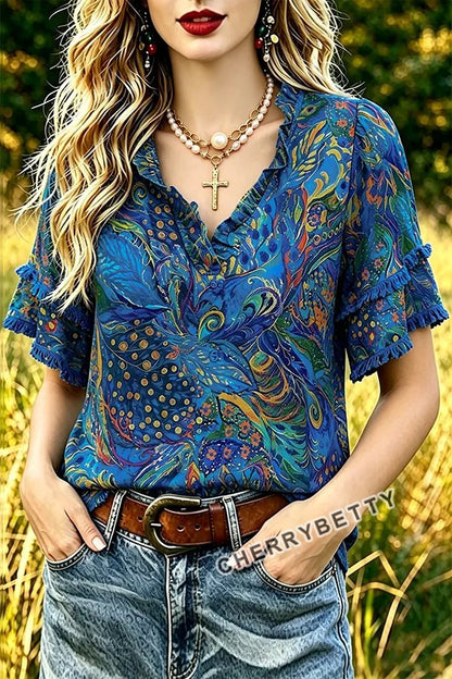 Vintage Paisley Print Collared Puff Sleeve Blouse