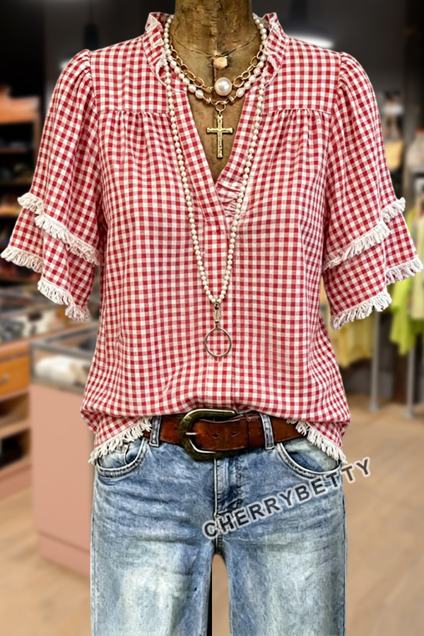 Classic Gingham V-Neck Frayed Hem Cotton Top