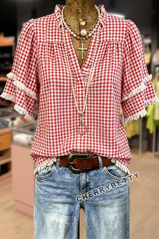 Classic Gingham V-Neck Frayed Hem Cotton Top