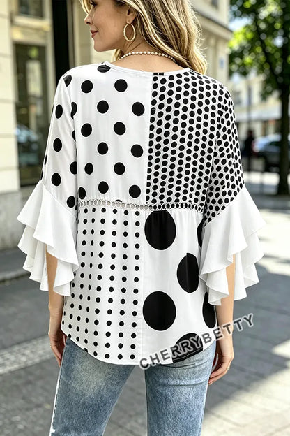 Mixed Polka Dot Print Ruffle Sleeve Hollow Out Top