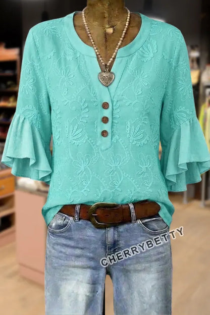 Vintage Flower Embroidered Notch Neck Ruffle Sleeve Blouse