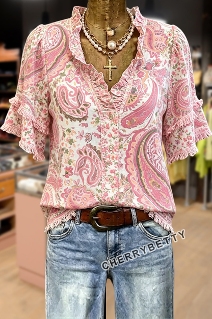 Retro Paisley Print Ruffle Neck Frayed Hem Top