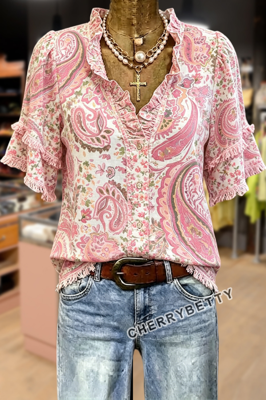 Retro Paisley Print Ruffle Neck Frayed Hem Top