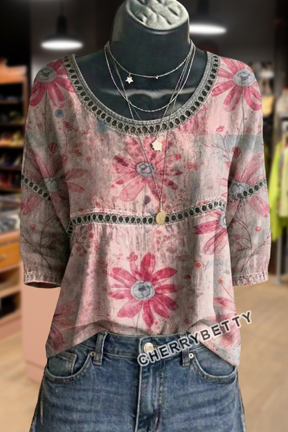 Vintage Floral Print Hollow Out Top
