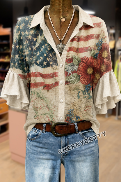 American Flag Floral Print Ruffle Sleeve Top