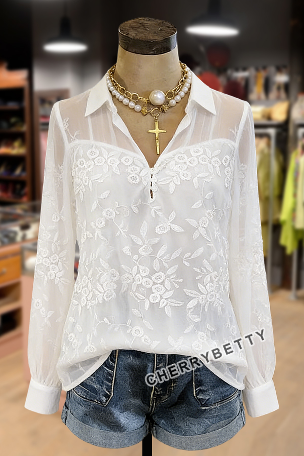 Solid Flower Embroidered Long Sleeve Blouse