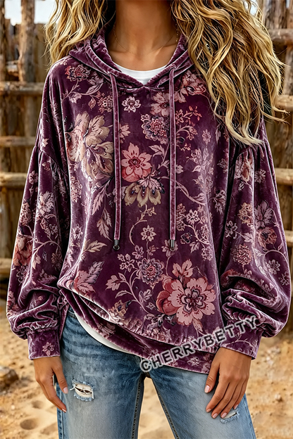Retro Floral Print Long Sleeve Velvet Hoodie Top