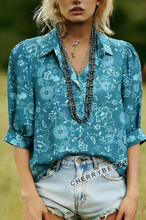 Vintage Floral Print Collared Puff Sleeve Blouse