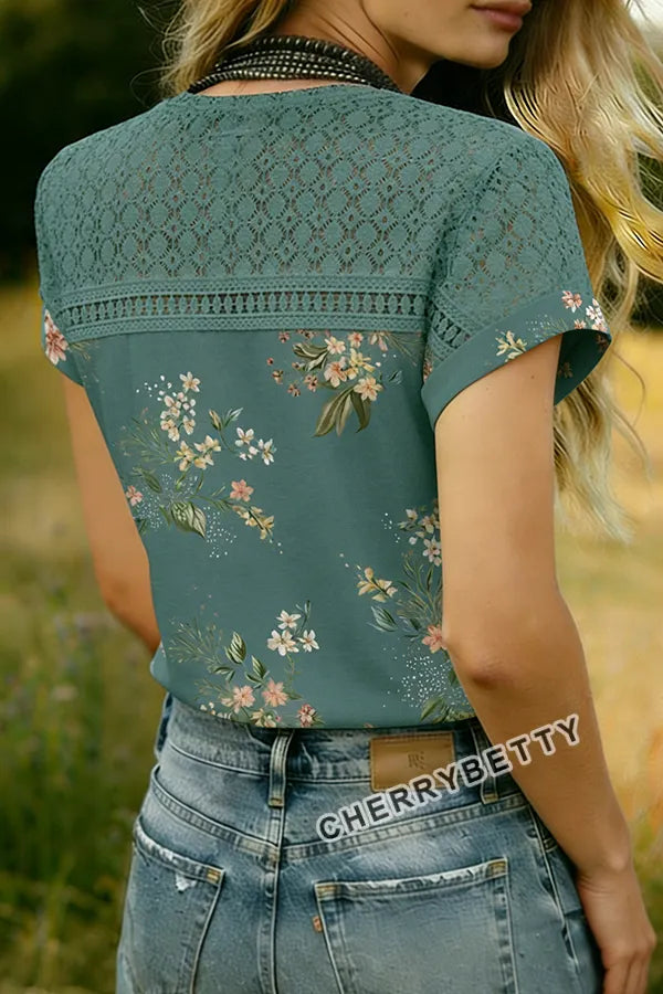 Spring Floral Print Hollow Out Top