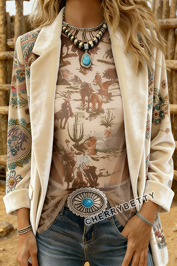 Retro Paisley Print Velvet Blazer