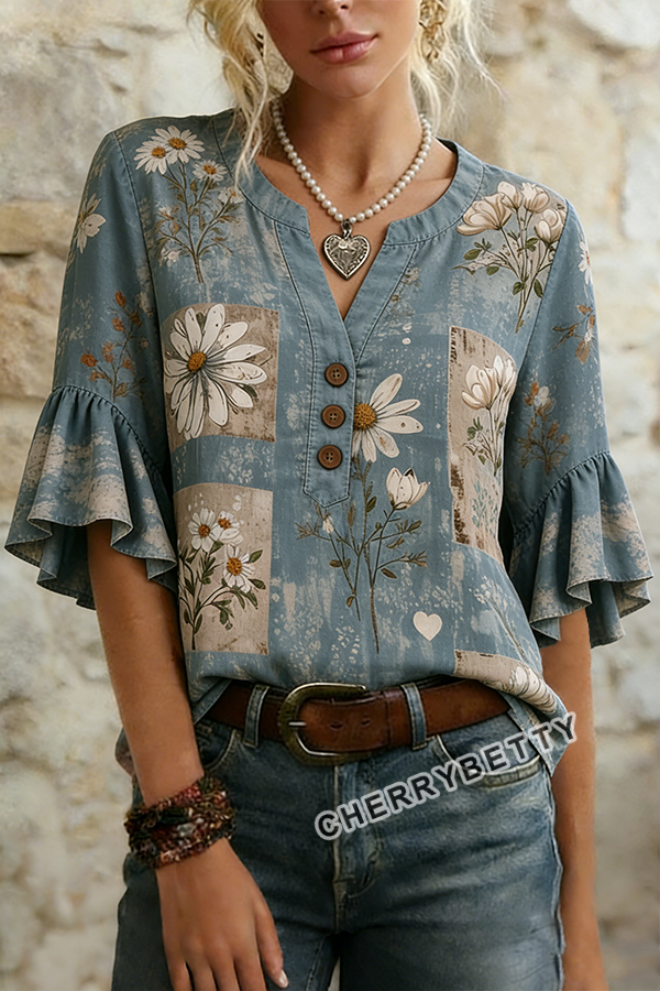 Mixed Vintage Floral Print Notch Neck Ruffle Sleeve Blouse