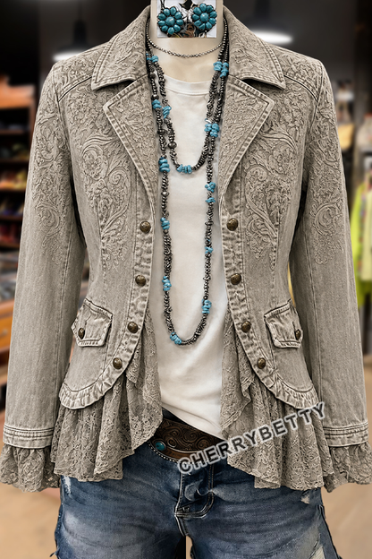 Retro Floral Print Lace Patch Jacket