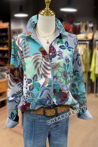 Multi Floral Print Collared Long Sleeve Blouse