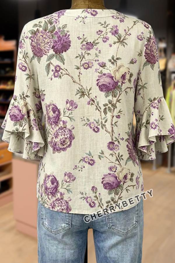 Vintage Floral Print Notch Neck Ruffle Sleeve Blouse