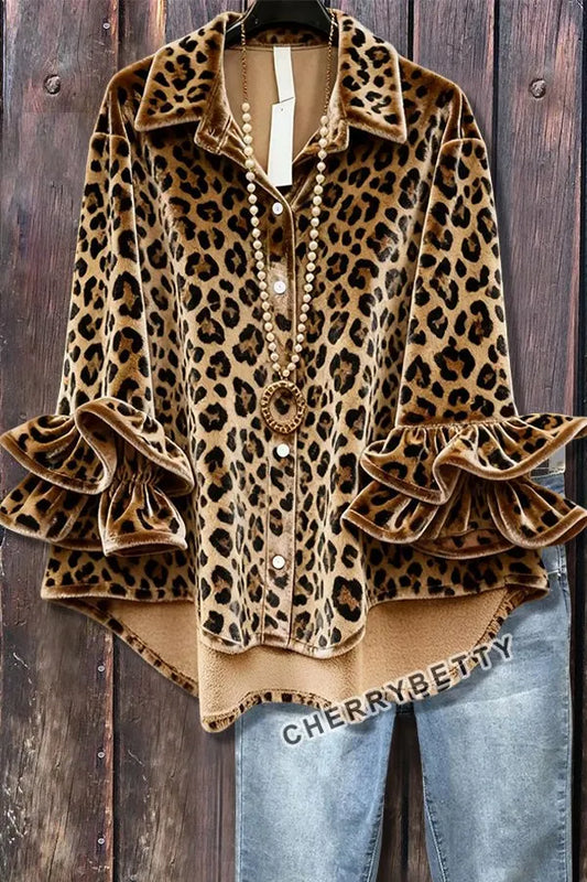 Leopard Ruffle Long Sleeve Velvet Top