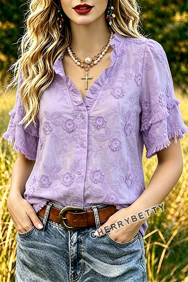 Feminine Flower Jacquard Ruffle Neck Frayed Hem Cotton Top
