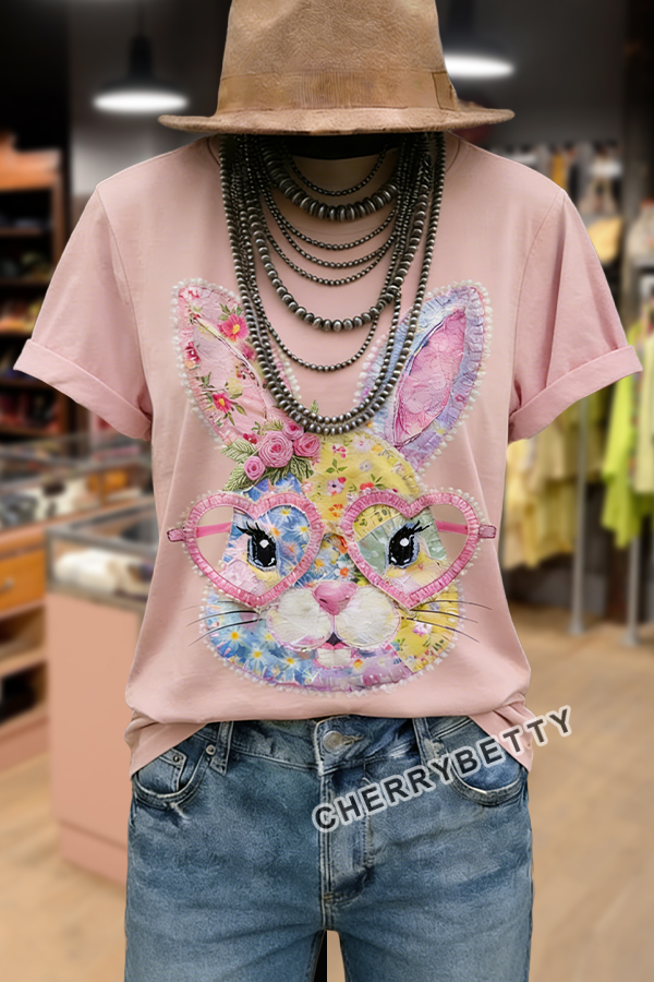 Vintage Easter Bunny Print Cotton T-Shirt