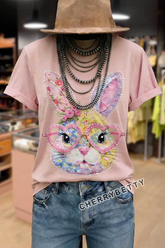 Vintage Easter Bunny Print Cotton T-Shirt