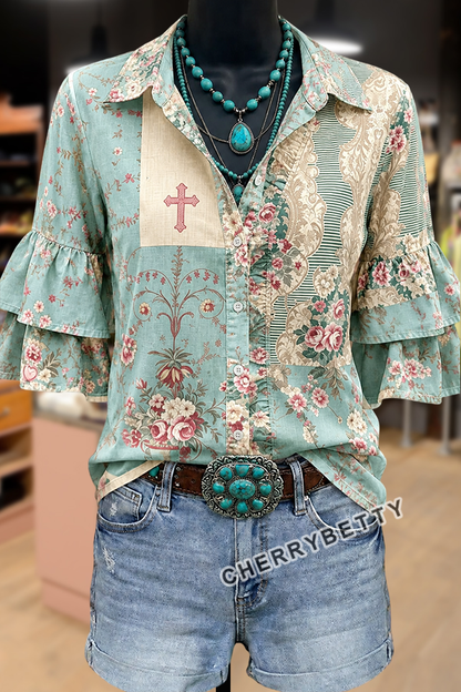 Mixed Floral Print Collared Ruffle Sleeve Top