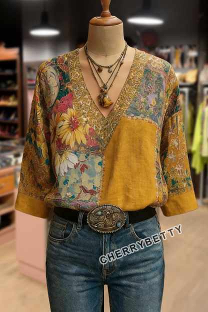 Boho Flower Print V-Neck Blouse