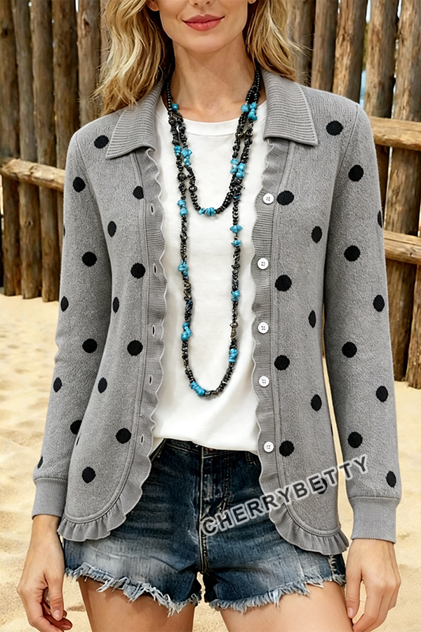 Classic Polka Dot Pattern Long Sleeve Ruffle Trim Cardigan