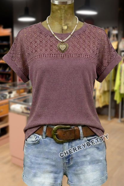 Solid Round Neck Lace Patch T-Shirt