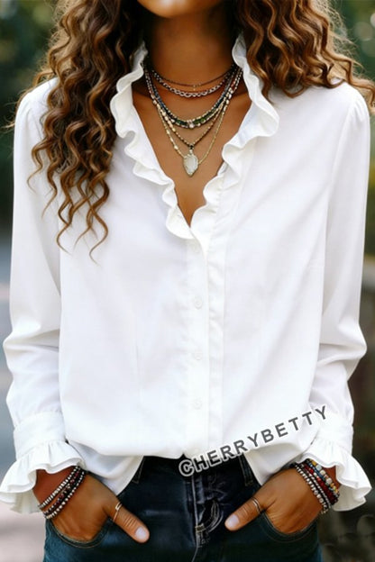 Elegant Stand Ruffle Collar Long Sleeve Shirt