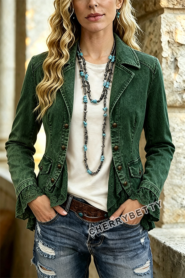 Solid Collar Long Sleeve Lace Ruffle Hem Jacket