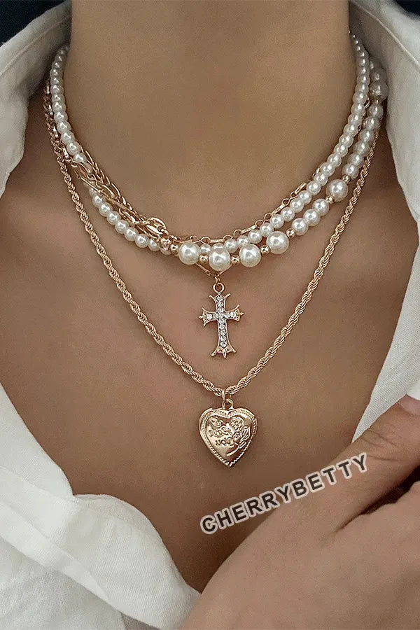 Chic Beaded Cross Patttern Layered Necklace